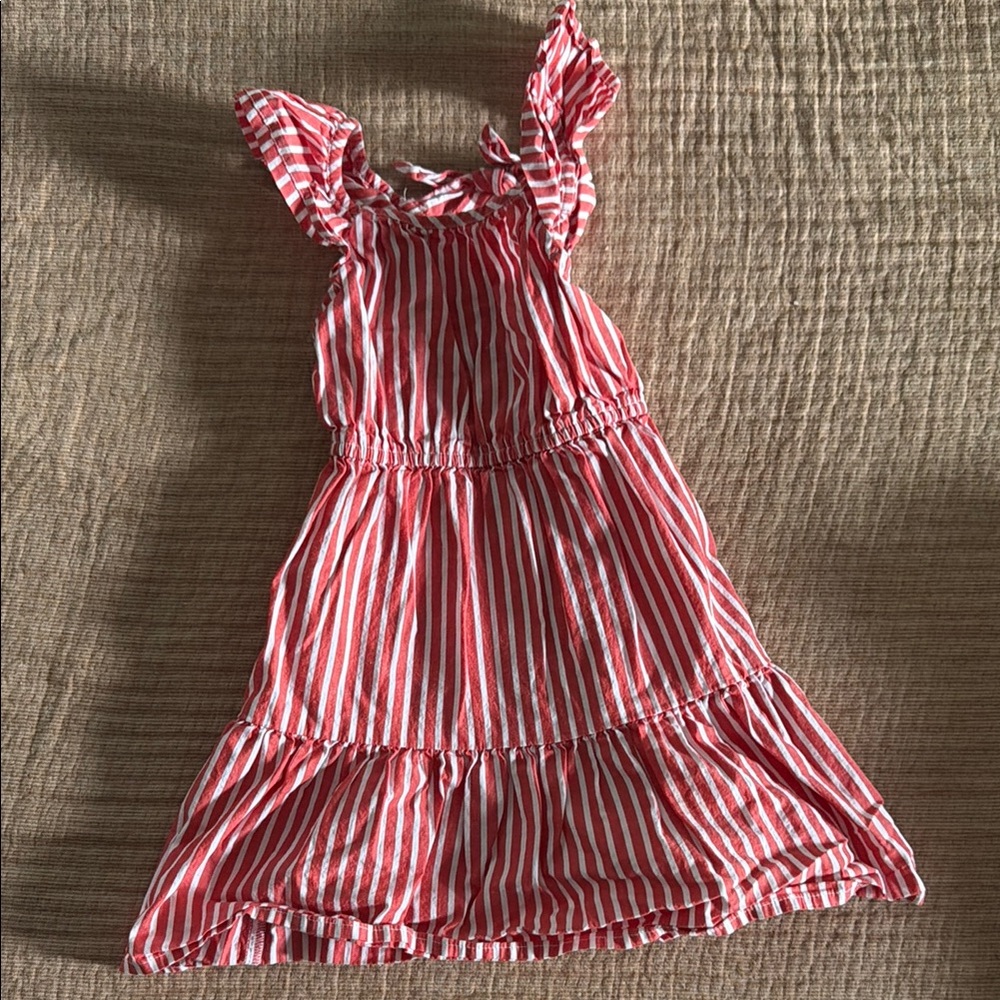 Girls' Red & White Striped Ruffle Shoulder Dress